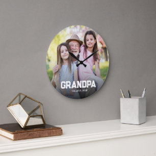 Grandpa Established est. White script photo Large Clock