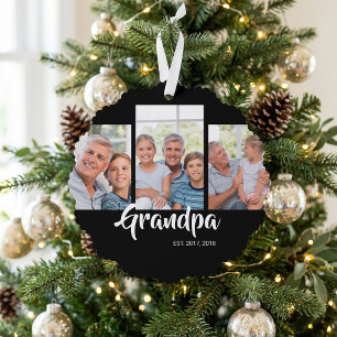 Grandpa Established Modern Script Black 3 Photo Ornament Card