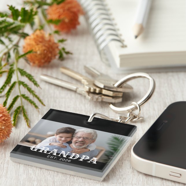 Grandpa Established Modern Typography Photo Keychain (Front Right)