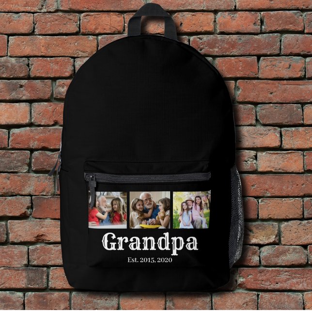 Grandpa Established simple Script Black 3 Photo Printed Backpack (Creator Uploaded)