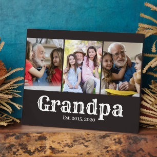 Grandpa established simple white script 3 photo plaque