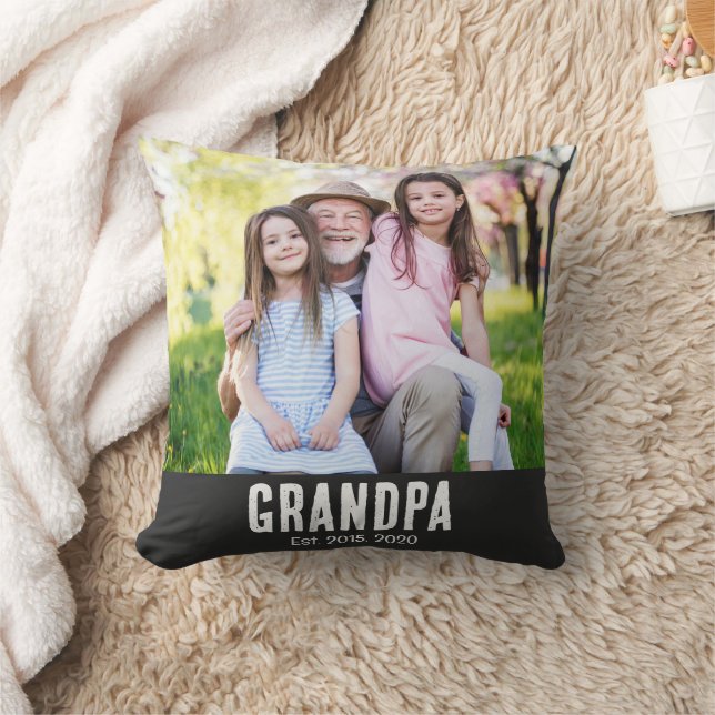 Grandpa Established White Script Photo Throw Pillow (Blanket)