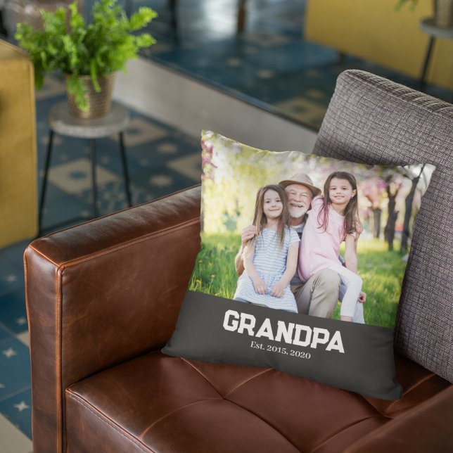 Grandpa Established White Script Photo Throw Pillow (Creator Uploaded)