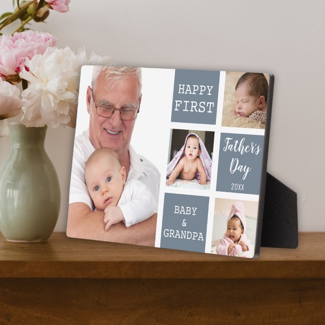 Grandpa First Father's Day 4 Photo Collage Gray Plaque (Creator Uploaded)