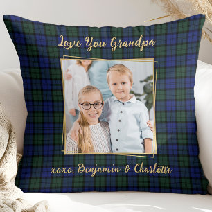 Grandpa Gift Personalized Photo Holiday Plaid Throw Pillow