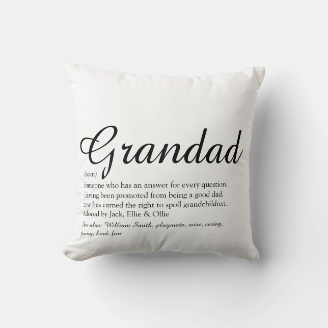 Grandpa, Grandad, Papa Definition Modern Script Throw Pillow (Front)