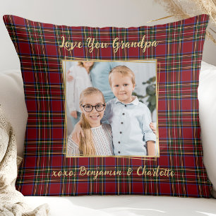 Grandpa Holiday Plaid Personalized Photo Christmas Throw Pillow