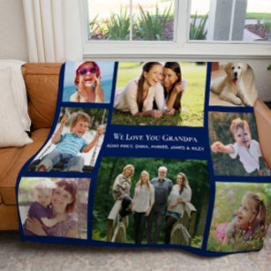 Grandpa Love You Photo Collage Personalized Blue Fleece Blanket