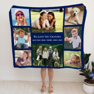 Grandpa Love You Photo Collage Personalized Blue Fleece Blanket