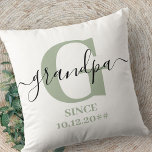 Grandpa Monogram Elegant Script Silver Green Throw Pillow<br><div class="desc">Personalized pillow for a new grandpa or long established grandad, which you can customize with the date they became a grandfather. This trendy minimalist design has a subtle colour palette of silver green, black and white. It has a Grandpa monogram, with the initial letter G and the name grandpa, lettered...</div>