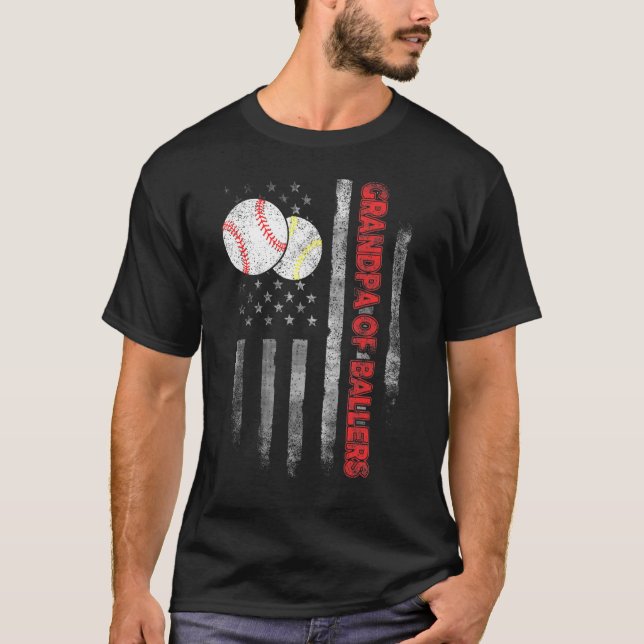Grandpa Of Ballers American Flag Baseball Softball T-Shirt (Front)