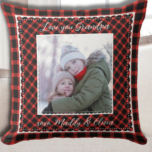 Grandpa Photo Plaid Christmas Throw Pillow
