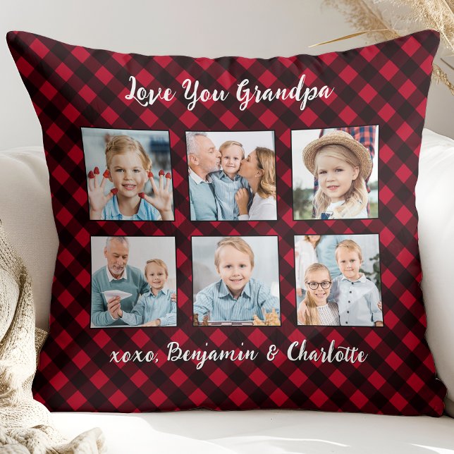 Grandpa Red Buffalo Plaid Photo Collage Christmas  Throw Pillow (Creator Uploaded)