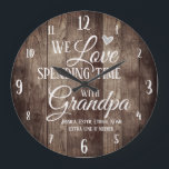 Grandpa Spending Time with Custom Name Large Clock<br><div class="desc">Fun family clock with wood plank textured background. We Love spending time with grandpa custom grand kids names. Add the grand kids names at the bottom of the clock for a unique keepsake gift.</div>