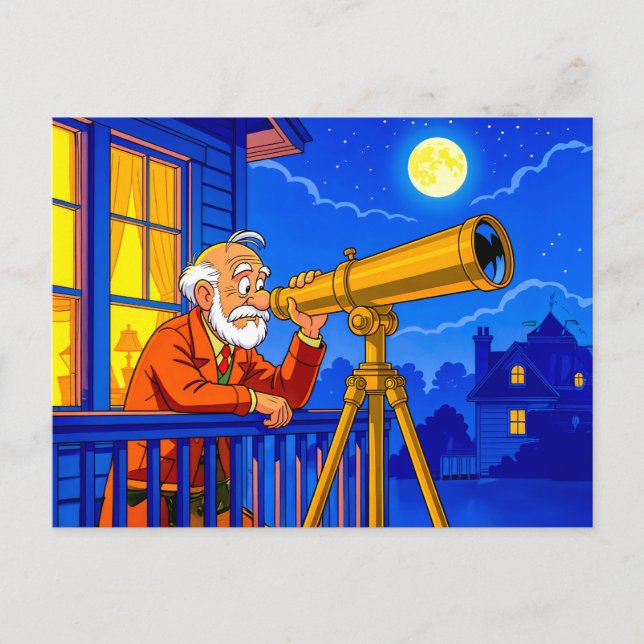 Grandpa Stargazing with Telescope Holiday Postcard (Front)