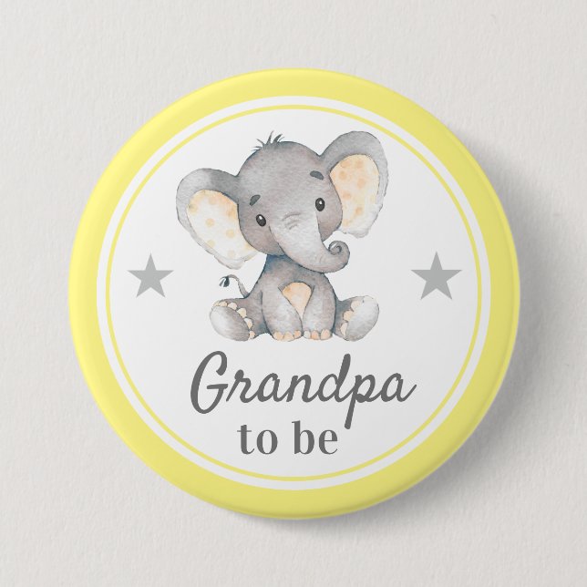 Grandpa to be Yellow Gray Elephant Baby Shower 3 Inch Round Button (Front)