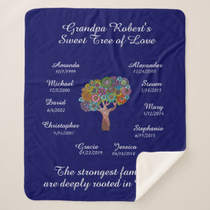 Grandpa Tree floral, White on Blue, 10 Names/Dates Sherpa Blanket