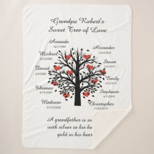 Grandpa Tree (hearts) Black/White 10 Names & Dates Sherpa Blanket