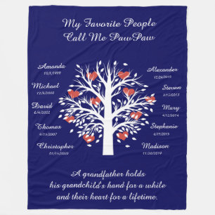 Grandpa Tree (hearts), White/Blue 10 Names & Dates Fleece Blanket
