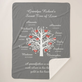 Grandpa Tree (hearts) White/Gray 10 Names & Dates Sherpa Blanket