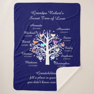 Grandpa Tree (hearts) White/Navy 10 Names & Dates Sherpa Blanket