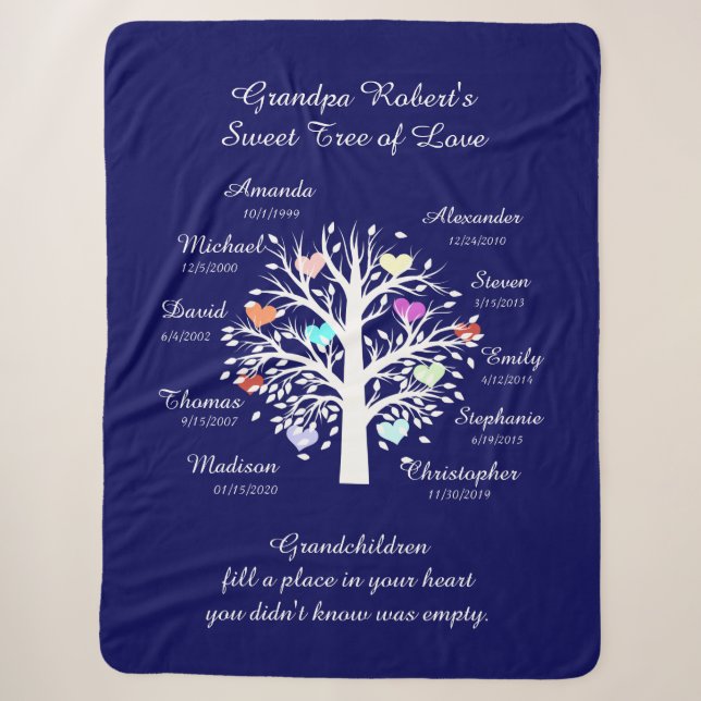 Grandpa Tree (hearts) White/Navy 10 Names & Dates Sherpa Blanket (Front)
