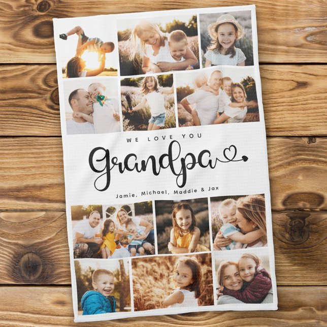 Grandpa We Love you Hearts Modern Photo Collage Kitchen Towel (Creator Uploaded)