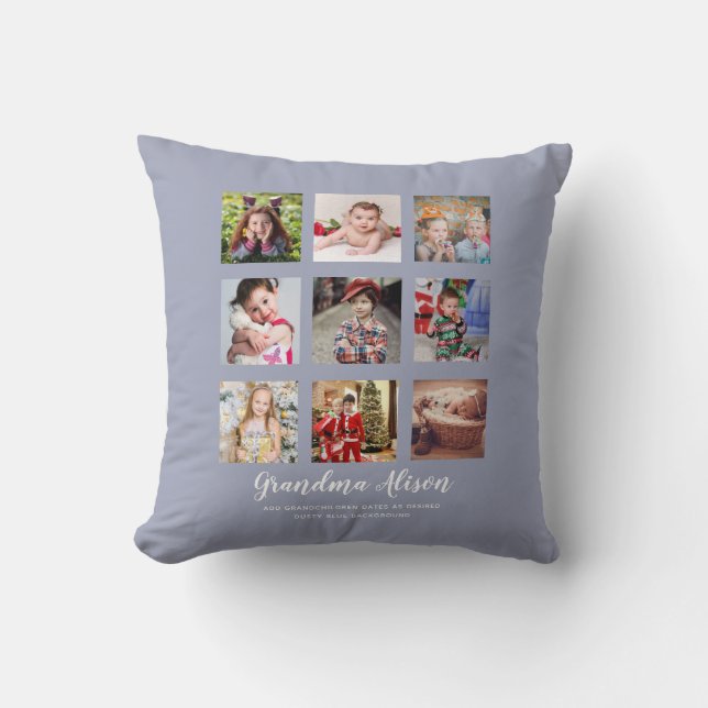 GRANDPARENT PHOTO COLLAGE GIFTS - Dusty Blue Throw Pillow (Front)