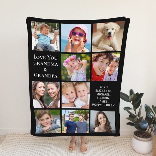 Grandparents 10 Photo Collage Black Fleece Blanket (Creator Uploaded)