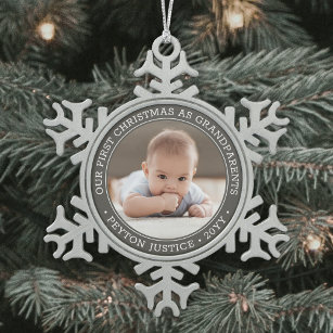 Grandparents 1st Christmas Baby Photo Grey & White Snowflake Pewter Christmas Ornament