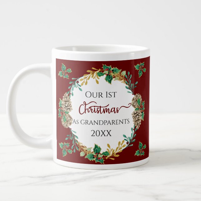 Grandparents 1st Christmas Photo Holly Pine Cones Large Coffee Mug (Left)