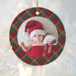 Grandparents 1st Christmas Photo Red Green Plaid Ceramic Ornament