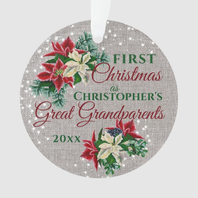 Grandparents 1st Christmas Poinsettia Burlap Ornament (Front)