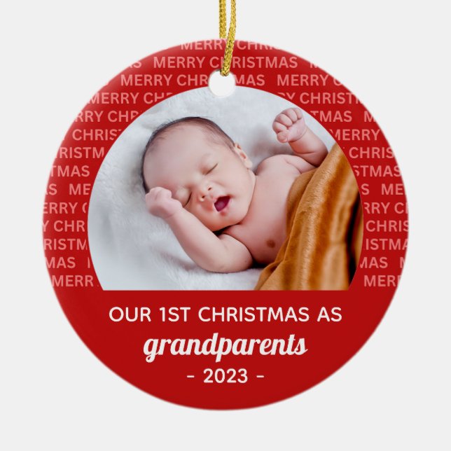 Grandparent's 1st Christmas Script Frame Photo Ceramic Ornament (Front)