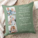 Grandparents 3 Photo Personalized Sage Green Throw Pillow<br><div class="desc">Celebrate your grandparents with a custom photo collage pillow. This unique grandparents pillow is the perfect gift whether its a birthday, Grandparents day or Christmas. We hope your special keepsake grandparent gift will become a treasured keepsake for years to come. . Quote " Blessed are those who Spoil & Snuggle,...</div>