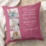 Grandparents 3 Photos Grandma Grandpa Keepsake Throw Pillow<br><div class="desc">Celebrate your grandparents with a custom photo collage pillow. This unique grandparents pillow is the perfect gift whether its a birthday, Grandparents day or Christmas. We hope your special keepsake grandparent gift will become a treasured keepsake for years to come. . Quote " Blessed are those who Spoil & Snuggle,...</div>