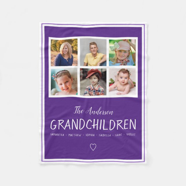 Grandparents 6 Photo Collage Personalized Purple Fleece Blanket (Front)