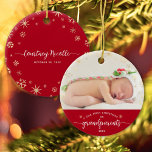 Grandparents Baby First Christmas Snowflakes Photo Ceramic Ornament<br><div class="desc">“Our First Christmas as grandparents.” A playful visual of champagne gold snowflakes overlaying the photo of your choice and white handwritten script typography with customized year over red, helps you usher in Christmas and New Year. On the back, additional champagne gold snowflakes and personalized handwritten typography of baby’s name and...</div>