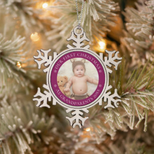 Grandparents First Christmas Baby Photo Cute Snowflake Pewter Christmas Ornament