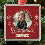 Grandparents First Christmas Custom Photo  Metal Ornament<br><div class="desc">Celebrate a joyful milestone with this Grandparents First Christmas Custom Photo Metal Ornament. Featuring space for a favourite photo and personalized text, this ornament makes a heartfelt keepsake for new grandparents. A thoughtful holiday gift and lasting decoration, this durable metal ornament is designed to be cherished for many Christmases to...</div>