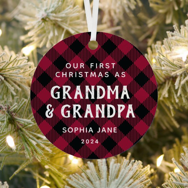 Grandparents First Christmas New Baby Photo Plaid Metal Ornament (Insitu)
