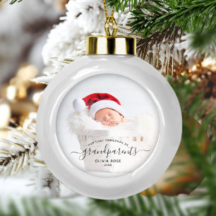 Grandparents First Christmas Photo Black Script Ceramic Ball Christmas Ornament