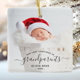 Grandparents First Christmas Photo Black Script Ceramic Ornament