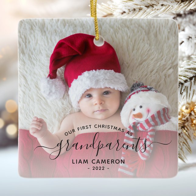 Grandparents First Christmas Photo Black Script Ceramic Ornament (Creator Uploaded)