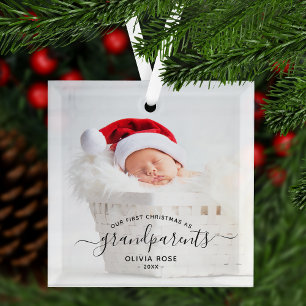Grandparents First Christmas Photo Black Script Glass Ornament