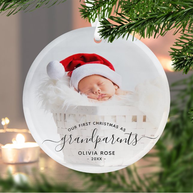 Grandparents First Christmas Photo Black Script Glass Ornament (Creator Uploaded)