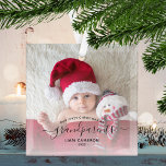 Grandparents First Christmas Photo Black Script Glass Ornament<br><div class="desc">Help them celebrate their first grandchild with this beautiful modern keepsake ornament. The off-black text reads "Our first Christmas as grandparents, " with the word "grandparents" in elegant handwriting script with flourishes before and after. Easily replace the sample image with your favourite photo of the new baby, and add his...</div>