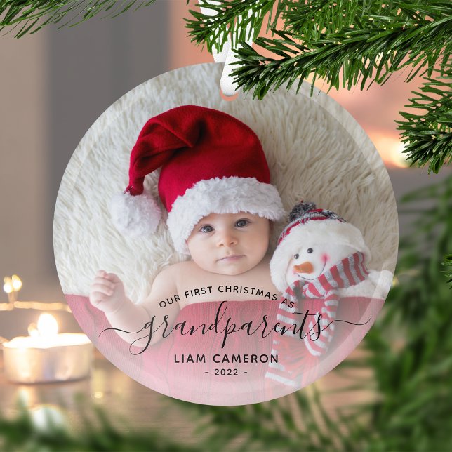 Grandparents First Christmas Photo Black Script Glass Ornament (Creator Uploaded)
