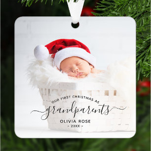 Grandparents First Christmas Photo Black Script Metal Ornament