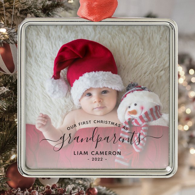 Grandparents First Christmas Photo Black Script Metal Ornament (Creator Uploaded)
